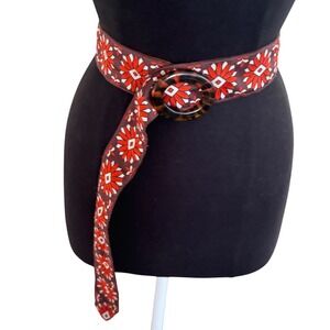 Vintage Fabric Handmade Sash Belt Brown Orange White Tortoise Resin Buckle 44"‎